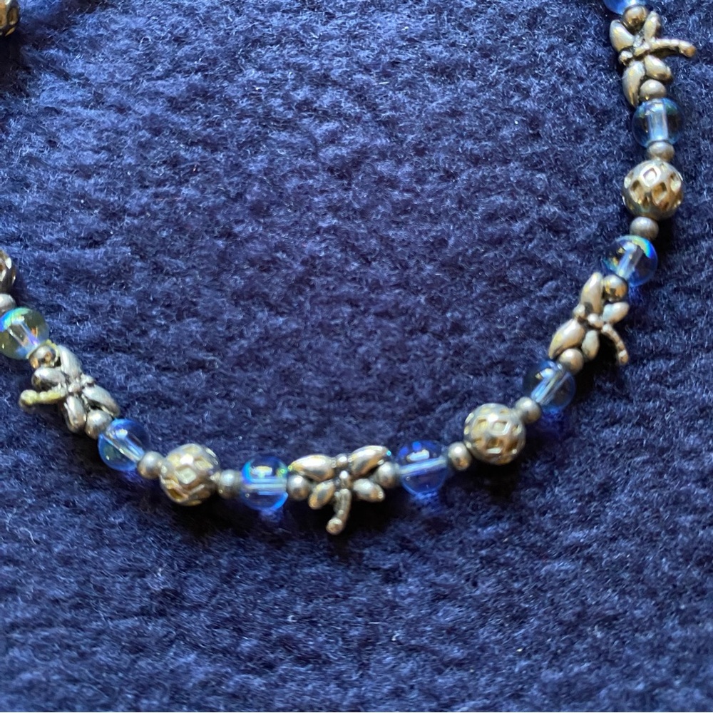 Pewter Set Dragonfly Necklace & Bracelet Silver and Blue Beads